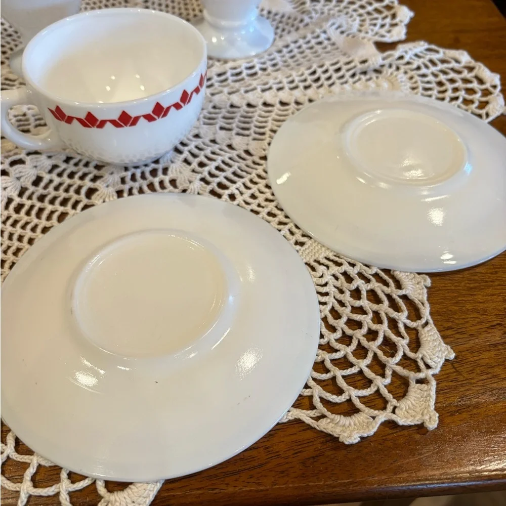 Vintage Shenango China cup and saucer set with a red diamond pattern